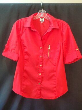 Ladies ANNE KLEIN Fitted Red Short Sleeve Blouse Gold Tone Buttons Zipper Medium